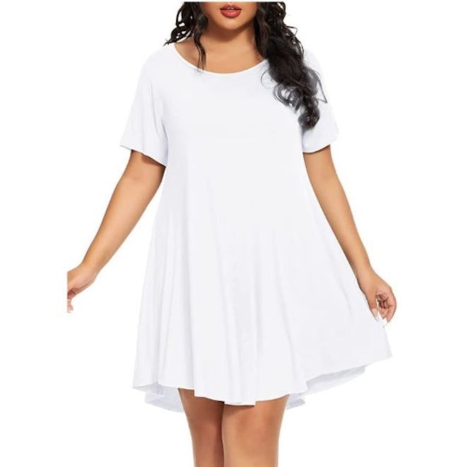 This rayon T-shirt dress features a swingy asymmetrical hemline, and comes in 45 colors and prints 
