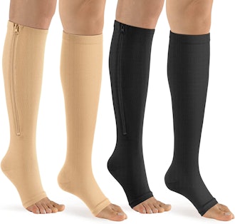This bropite pair are the best compression socks for travel with an easy on/off zipper.