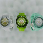 Gucci bio-based Dive watches in white, green, and aquamarine