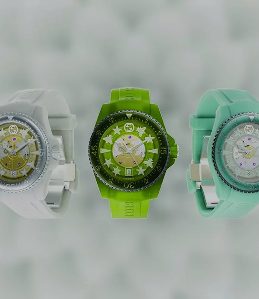 Gucci bio-based Dive watches in white, green, and aquamarine