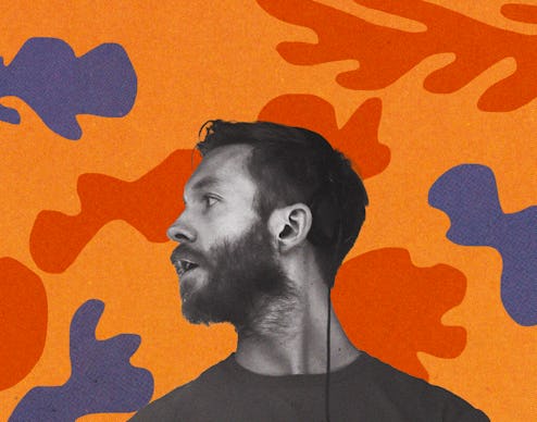 Calvin Harris's side profile with an orange red and blue background