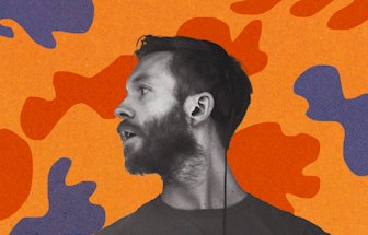 Calvin Harris's side profile with an orange red and blue background