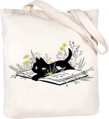 Mahrokh Cat Flower Canvas Tote Bag With Zipper