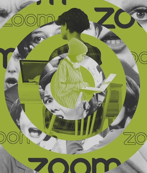 Green circles showing zoom logos and women on zoom calls, intercut by black and white circles of peo...