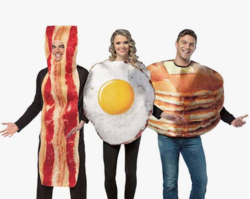 trio costumes of bacon, eggs, and pancakes is a great trio halloween costume idea