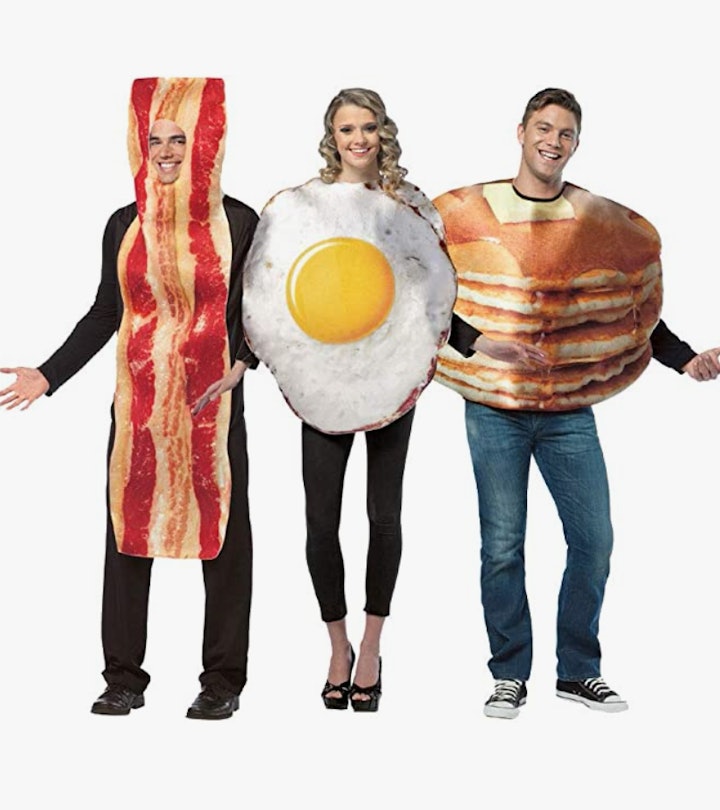 trio costumes of bacon, eggs, and pancakes is a great trio halloween costume idea