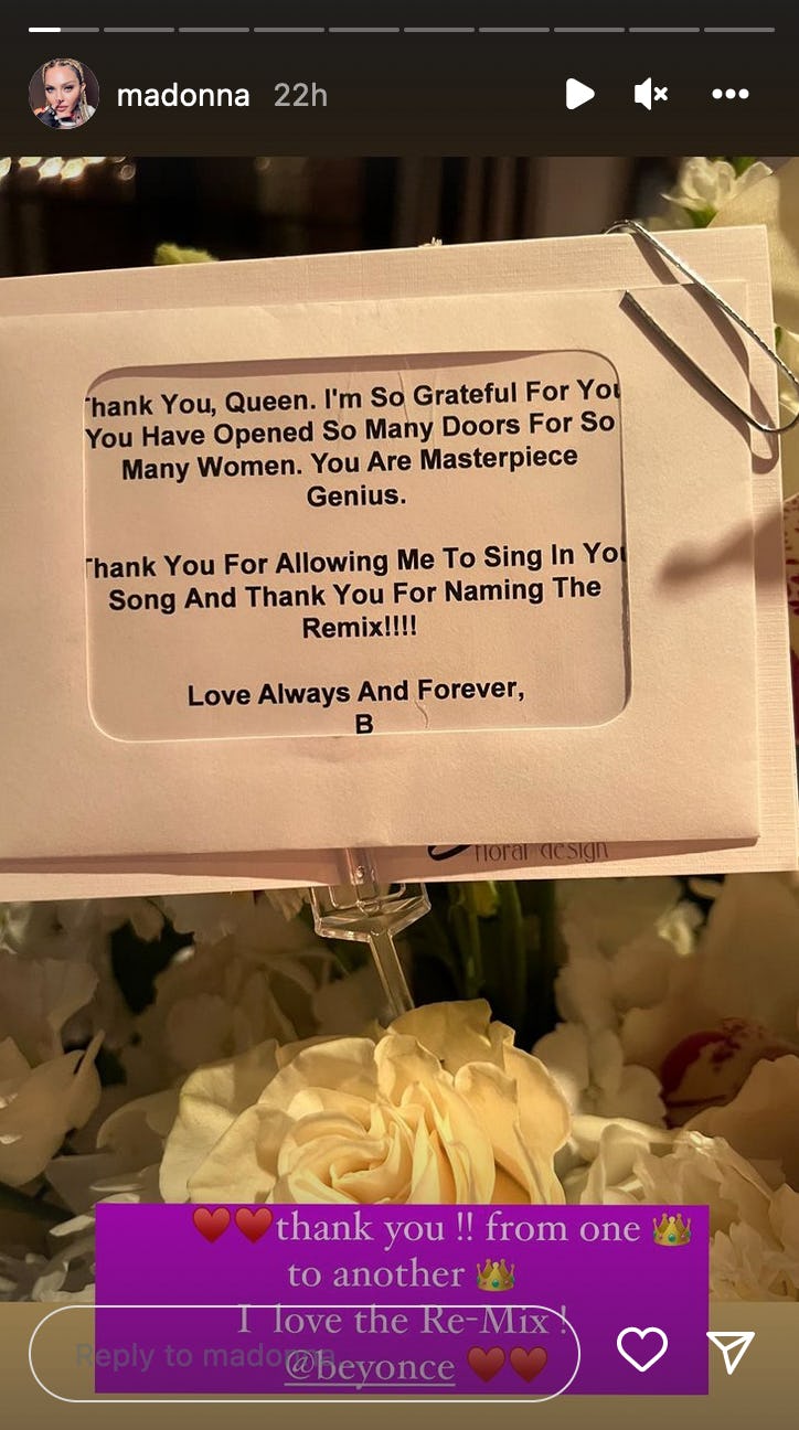 Beyoncé thanked Madonna for the &ldquo;Break My Soul&rdquo; remix. Screenshot via Instagram