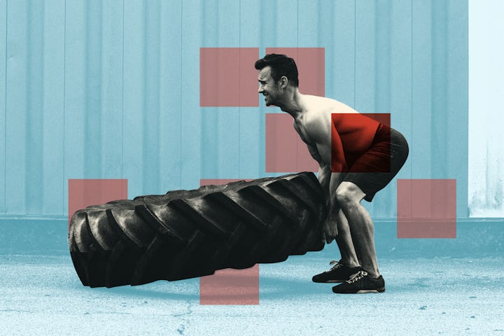 Collage of a man flipping a tire.