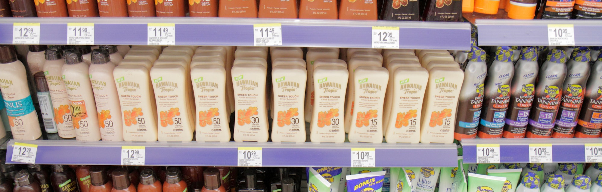 Sunscreens for sale at a Walgreens drug store.