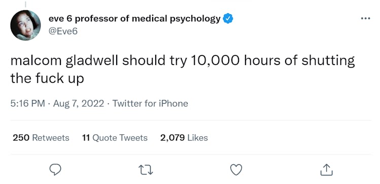 Eve 6 tweet that reads "Malcolm Gladwell should try 10,000 hours of shutting the fuck up"