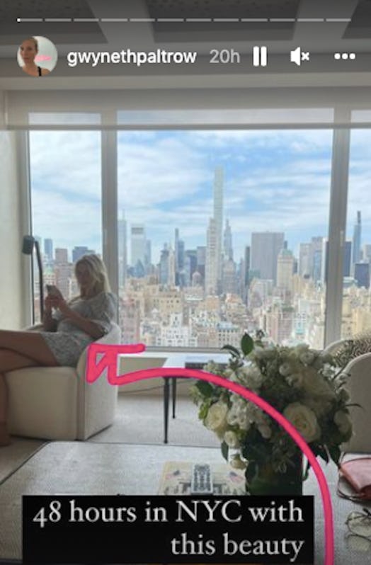 Gwyneth Paltrow’s daughter Apple sitting in an armchair with a stunning city view behind her. 