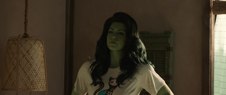 Tatiana Maslany as She-Hulk in the tv show She-Hulk.