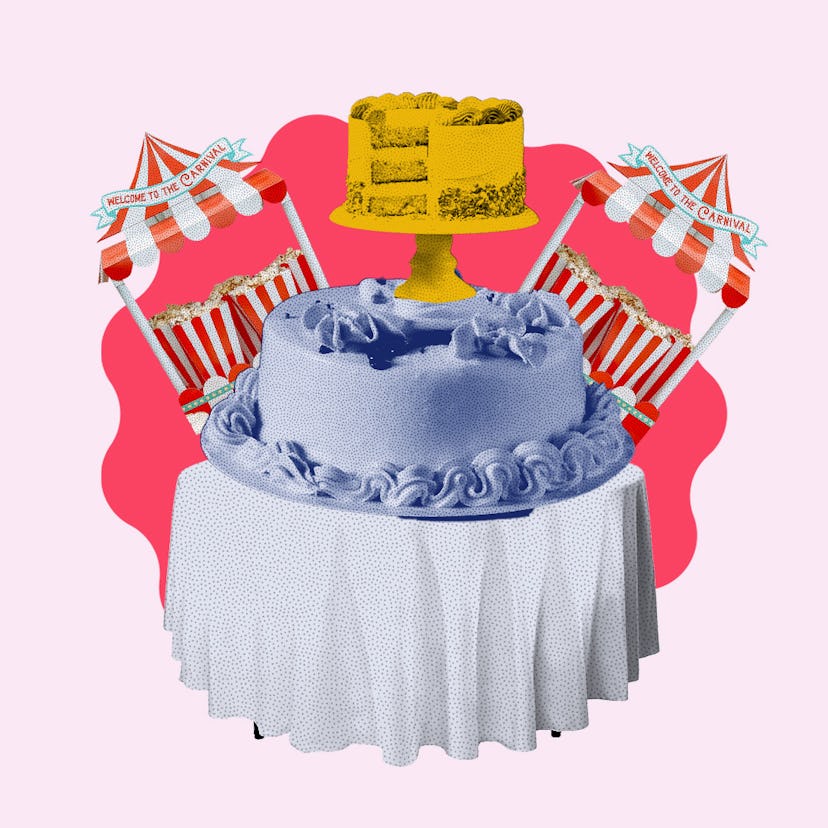 Birthday cake on the table, ready together with popcorn and snacks as a birthday party checklist