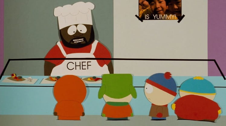 Cartman, Kyle, Stan and Kenny talking to Chef in the South Park series