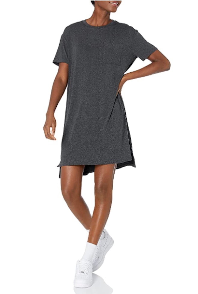 This rayon T-shirt dress has a knee-length hem and a tunic-style fit that’s great for layering