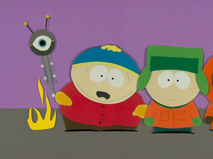 Cartman and Kyle and an alien robot standing next to them in the first ever pilot South Park episode