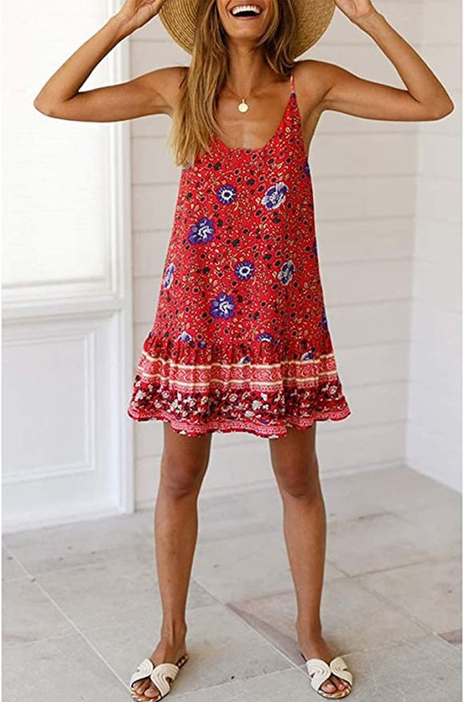 Qearal Floral Printed Mini Dress with Pockets