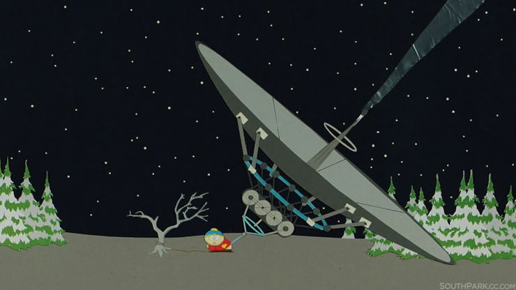 A screenshot from the first ever South Park pilot episode with Eric Cartman and a large UFO