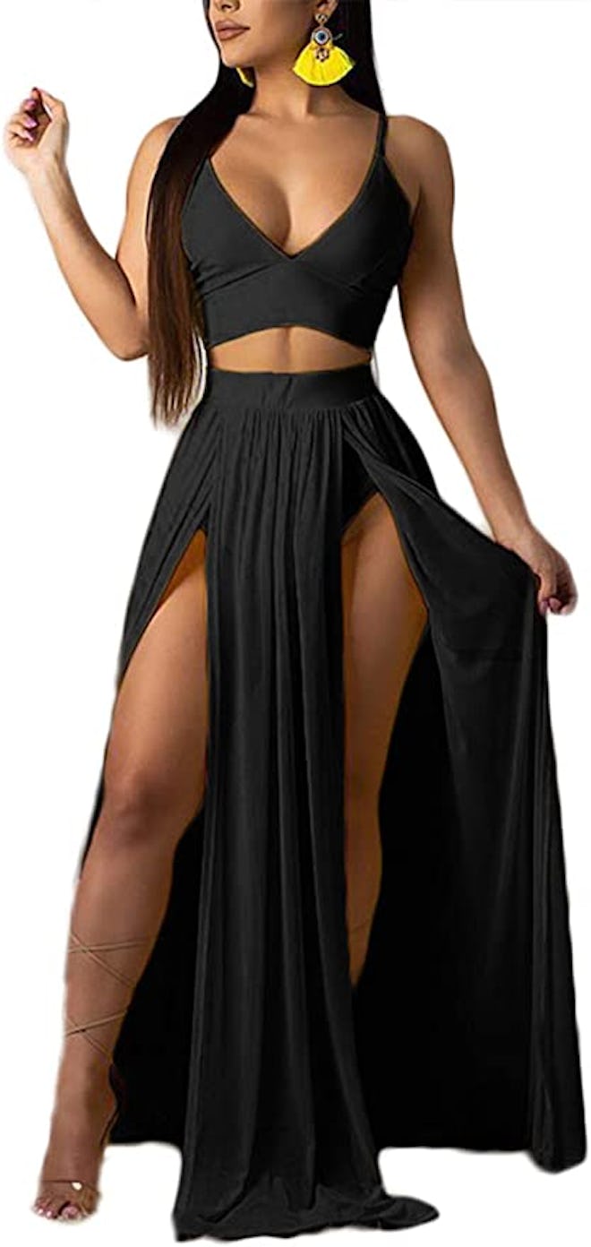 Mintsnow Crop Top With High Split Maxi Skirt Set (2-Piece Set)