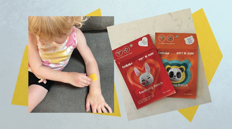 Two side-by-side photos; one features a small child touching an EmBeba patch on their hand, the othe...