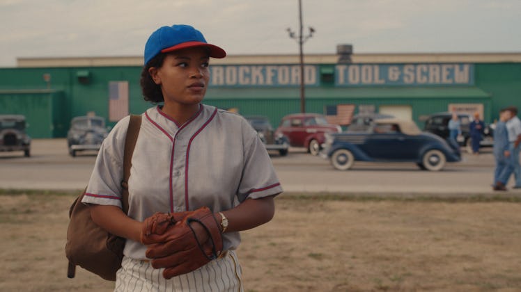 Chanté Adams in wearing a baseball jersey, cap and glove in 'A League of Their Own'