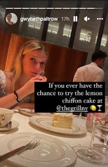 Gwyneth Paltrow’s daughter Apple eating cake on her Instagram Story.