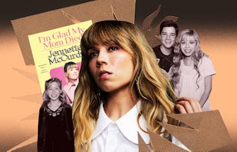 Jennette Mccurdy current and past in front of her book "I'm glad my mom died".