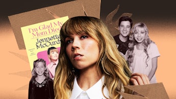 Jennette Mccurdy current and past in front of her book "I'm glad my mom died".
