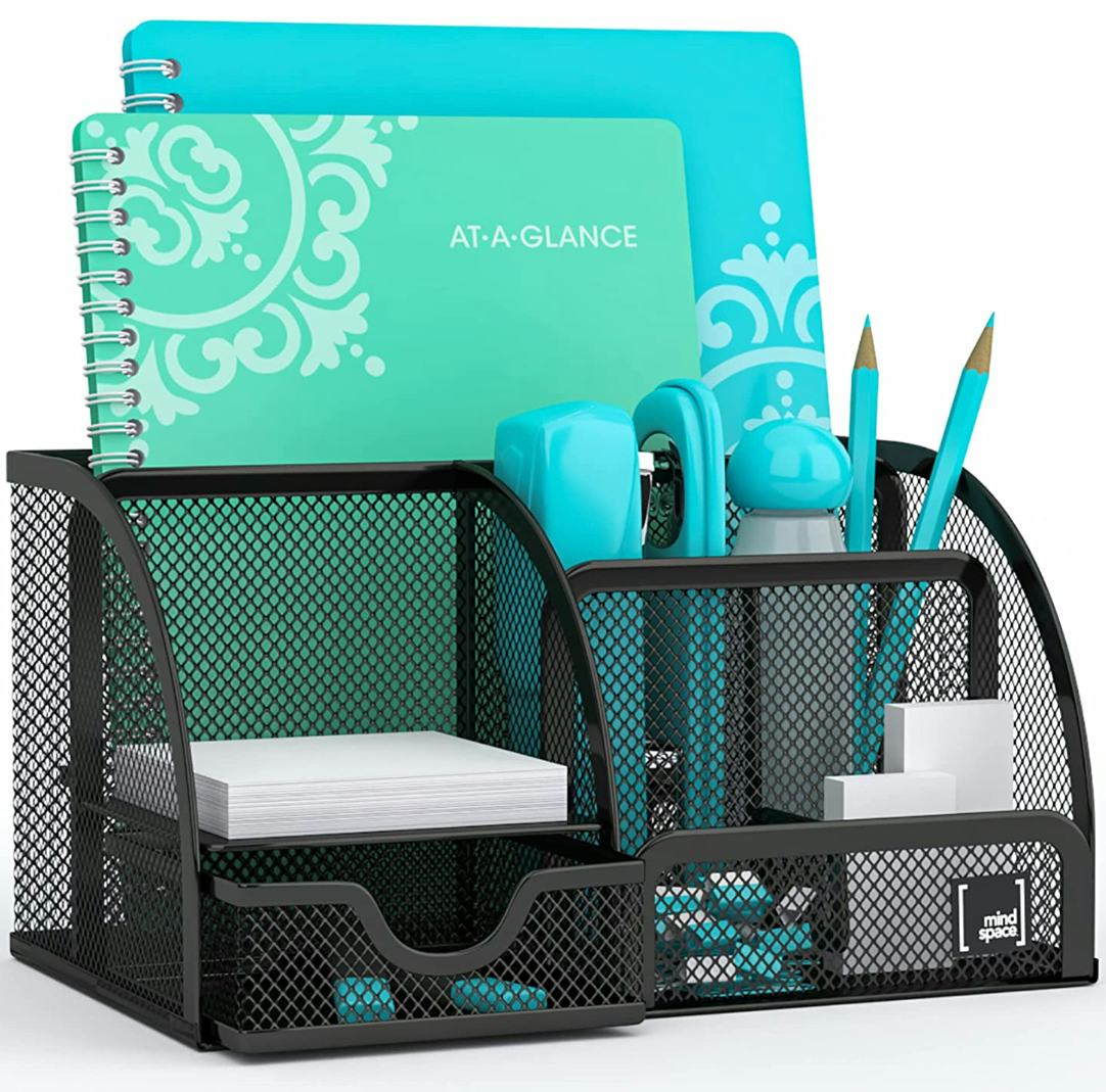 Mindspace Office Desk Organizer with 6 Compartments + Drawer | The Mesh Collection, Black