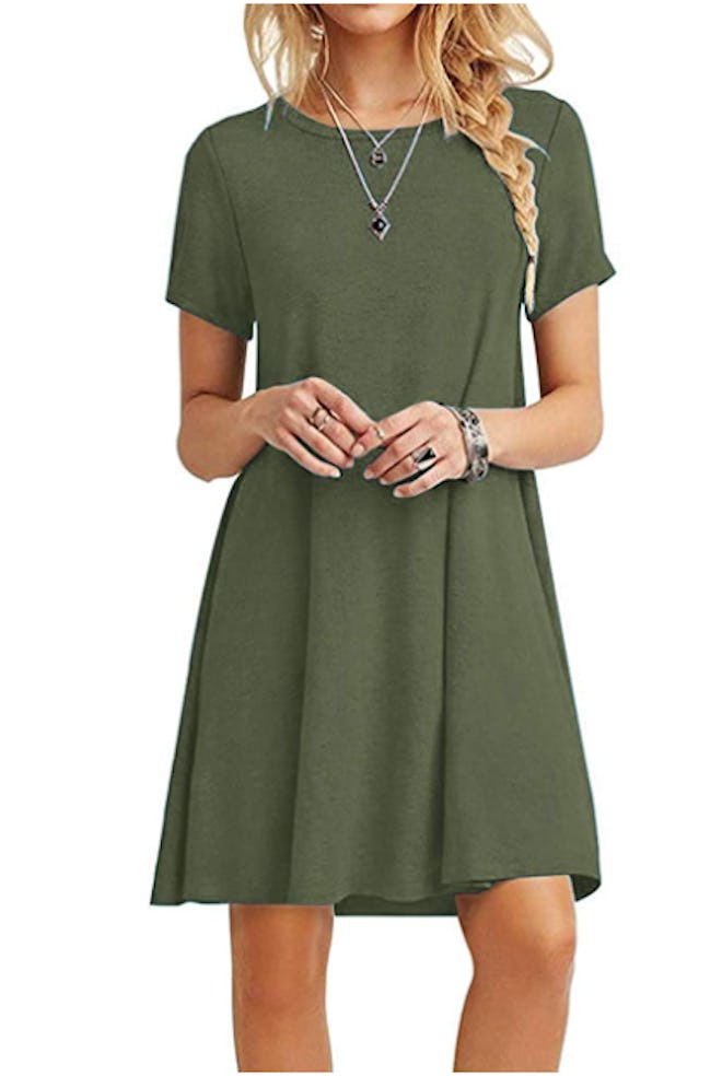 This rayon T-shirt dress has an A-line silhouette, short sleeves, and has earned over 16,000 five-st...