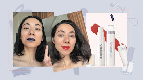 A collage featuring two photos with a woman wearing the Wonderskin makeup, plus an image of the tube...