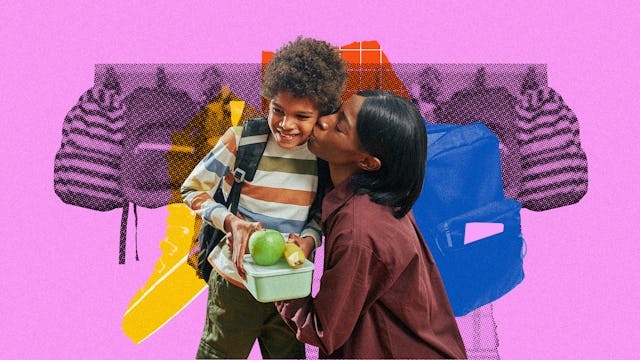 Mom kissing her son on the cheek on the first day of going back to school