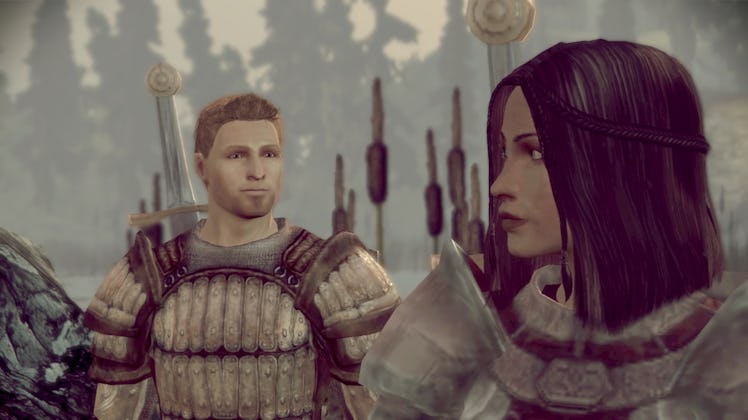 Two male and female characters looking at each other while carrying swords on their back