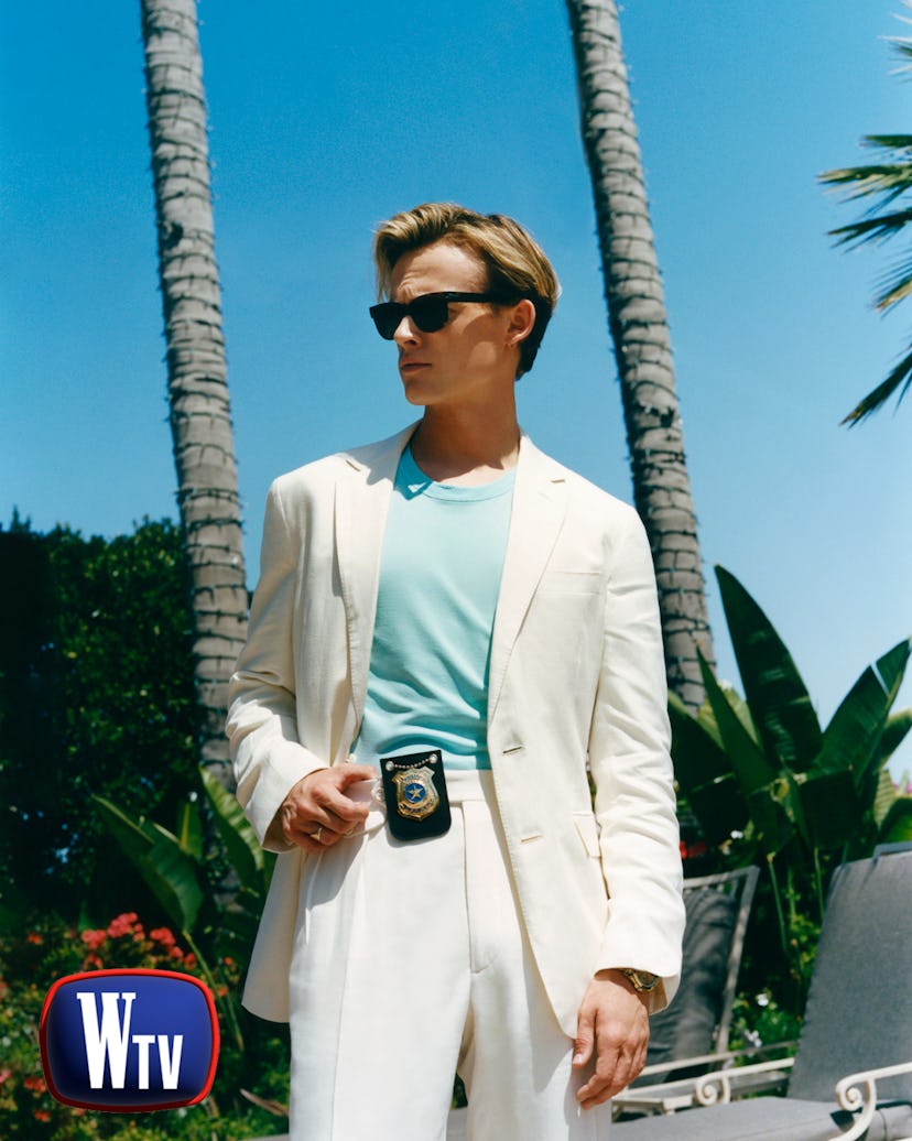 Anson Boon as James Crockett from ‘Miami Vice.’ Boon wears Ralph Lauren suit.
