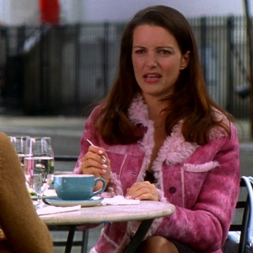 charlotte york wearing a pink shearling coat in sex and the city