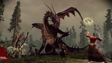 Four characters fighting with a red dragon in the forest