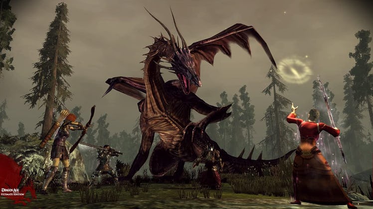 Four characters fighting with a red dragon in the forest