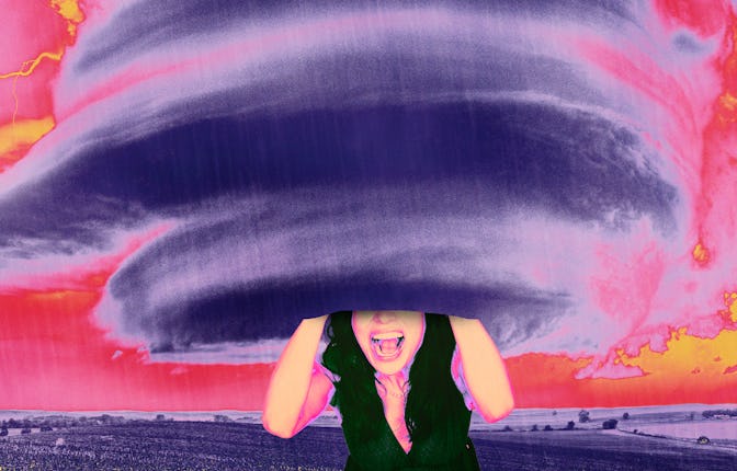 A girl screaming, with her head surrounded by a tornado.