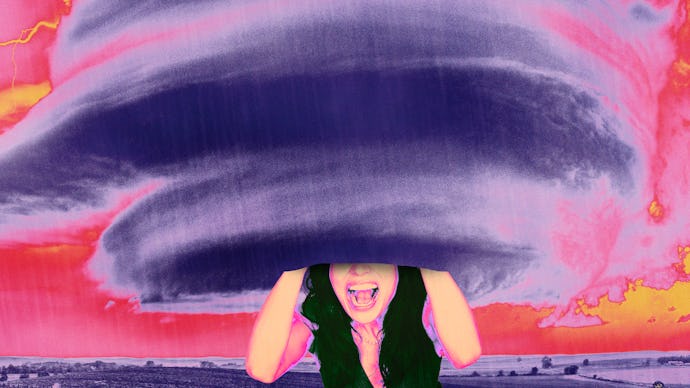 A girl screaming, with her head surrounded by a tornado. 