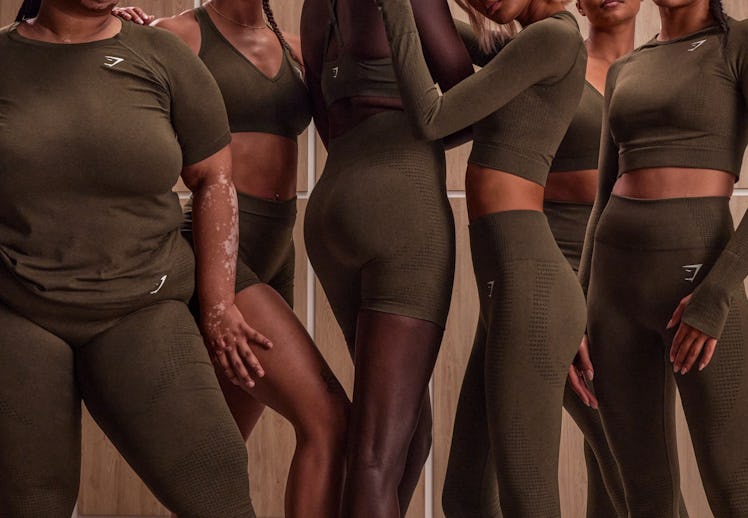 Models showing off all of GYMSHARK's new Vital Line in TikTok's favorite shade of brown.