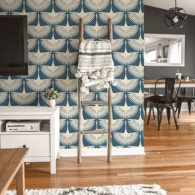 Tempaper x Genevieve Gorder Denim Blue Feather Flock Peel and Stick Wallpaper