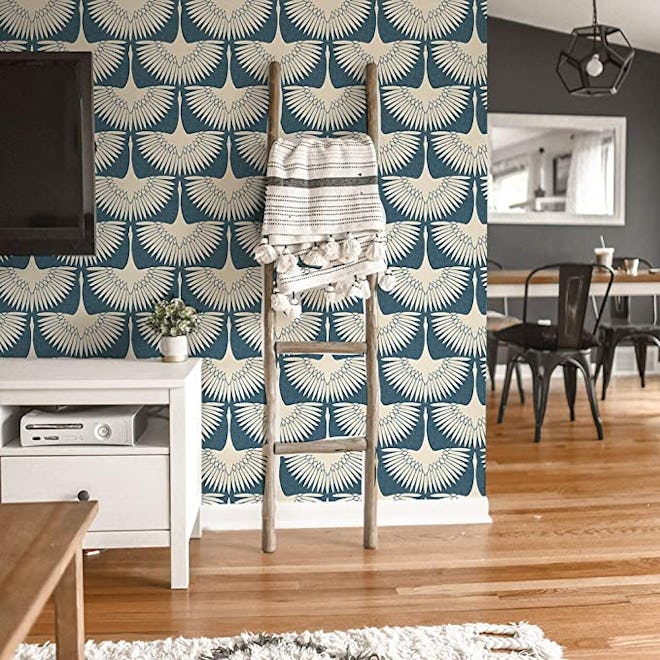 Tempaper x Genevieve Gorder Denim Blue Feather Flock Peel and Stick Wallpaper