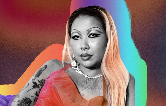 Photo of Mimi Zhu, with art multi-colored neon background