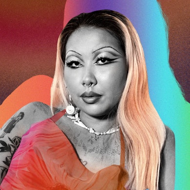 Photo of Mimi Zhu, with art multi-colored neon background