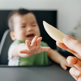 A crying baby in a high chair reaching for an apple slice that their parent is holding in a pincer g...