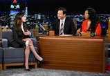 Natalia Dyer during an interview with host Jimmy Fallon and guest co-host Megan Thee Stallion on the...