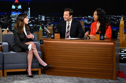 Natalia Dyer during an interview with host Jimmy Fallon and guest co-host Megan Thee Stallion on the...