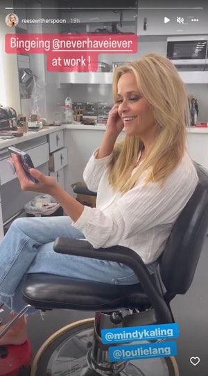 Reese Witherspoon shared her 'Never Have I Ever' marathon-viewing session in an Instagram story afte...