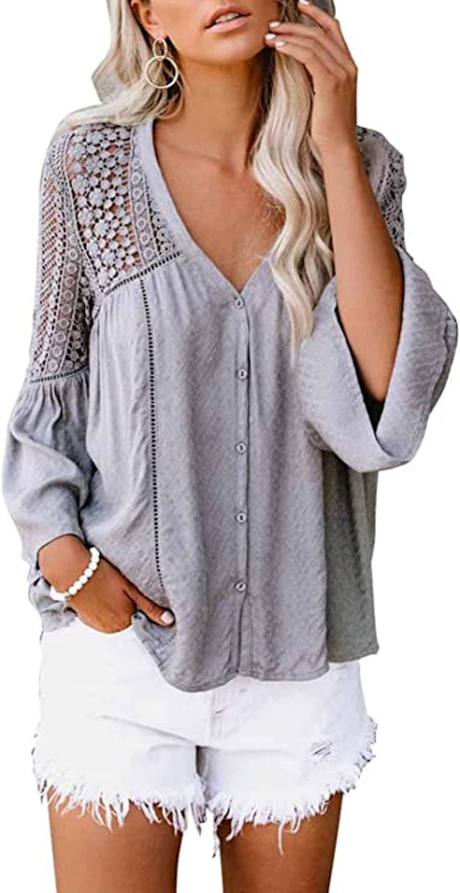 Canikat V Neck Flowy Crochet Blouse