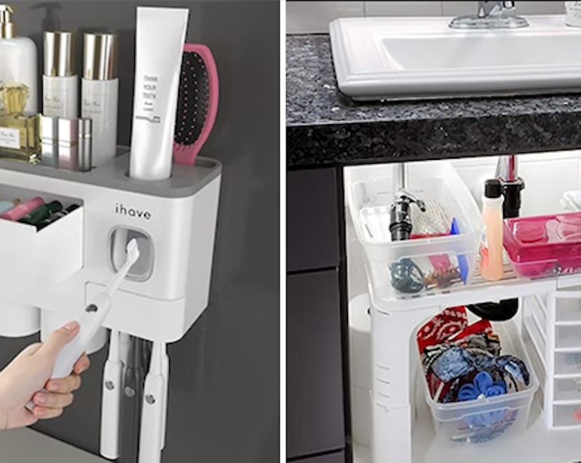 A collage photo of bathroom Amazon organizers and toothbrush holders.